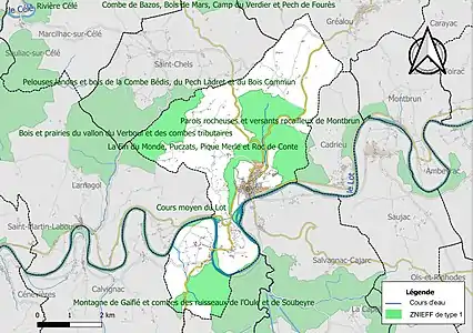 Carte des ZNIEFF de type 1 sur la commune.