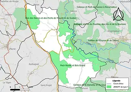 Carte des ZNIEFF de type 1 sur la commune.