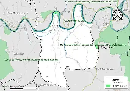 Carte des ZNIEFF de type 1 sur la commune.