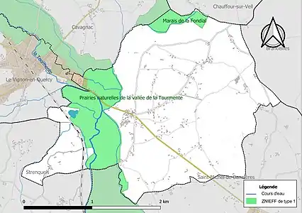 Carte des ZNIEFF de type 1 sur la commune.