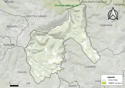 Carte de la ZNIEFF de type 2 sur la commune.