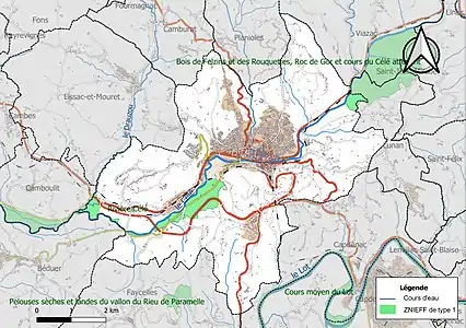 Carte des ZNIEFF de type 1 sur la commune.