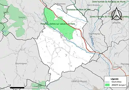 Carte des ZNIEFF de type 1 sur la commune.