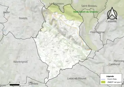 Carte de la ZNIEFF de type 2 sur la commune.