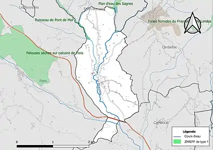 Carte des ZNIEFF de type 1 sur la commune.