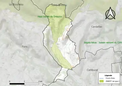 Carte de la ZNIEFF de type 2 sur la commune.