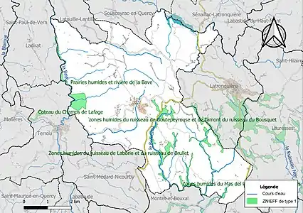 Carte des ZNIEFF de type 1 sur la commune.