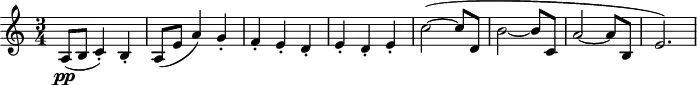 
\header {
  tagline = ##f
}
\score {
  \new Staff \with {
  }
<<
  \relative c'' {
    \clef treble
    \key c \major
    \time 3/4
    \tempo 4 = 135
    \override TupletBracket #'bracket-visibility = ##f
    %\autoBeamOff
    \set Staff.midiInstrument = #"string ensemble 1"
     %%% AB 7-3 th1
     a,8\pp( b c4-.) b-. a8( e' a4) g-. f-. e-. d-. e-. d-. e-. c'2~( c8 d, b'2~ b8 c, a'2~ a8 b, e2.)
  }
>>
  \layout {
    \context { \Score \remove "Metronome_mark_engraver"
    }
  }
  \midi {}
}
