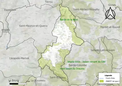 Carte des ZNIEFF de type 2 sur la commune.