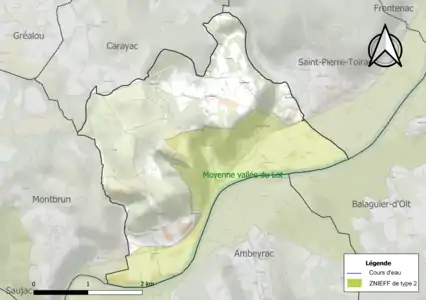 Carte de la ZNIEFF de type 2 sur la commune.