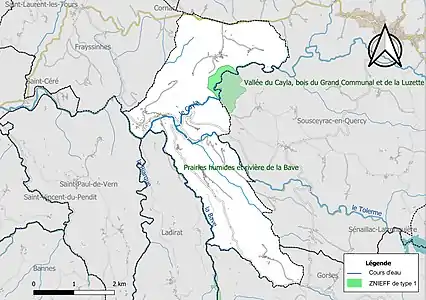 Carte des ZNIEFF de type 1 sur la commune.