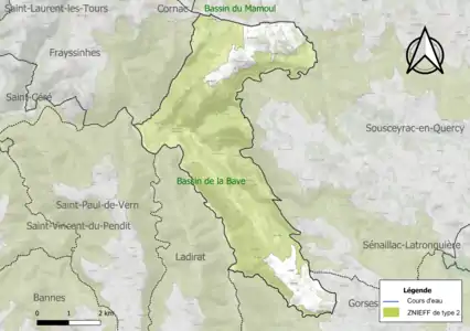 Carte de la ZNIEFF de type 2 sur la commune.