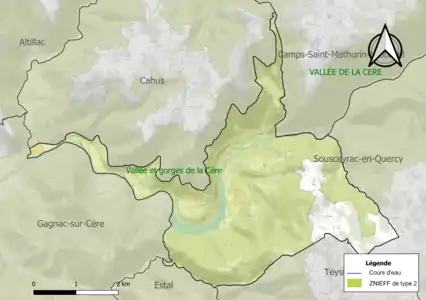 Carte de la ZNIEFF de type 2 sur la commune.