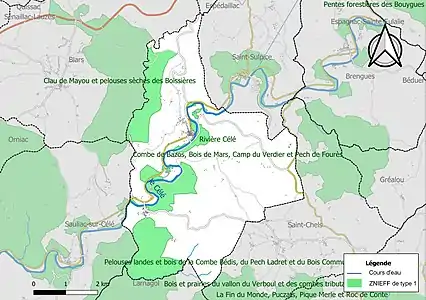 Carte des ZNIEFF de type 1 sur la commune.