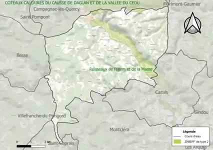 Carte de la ZNIEFF de type 2 sur la commune.