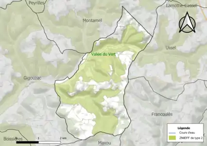 Carte de la ZNIEFF de type 2 sur la commune.