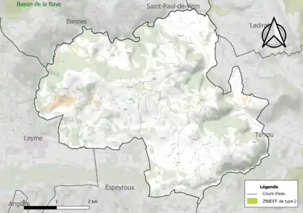 Carte de la ZNIEFF de type 2 sur la commune.