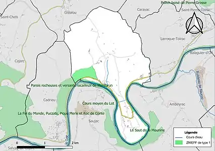 Carte des ZNIEFF de type 1 sur la commune.