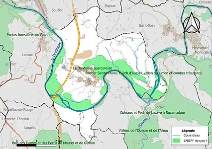 Carte des ZNIEFF de type 1 sur la commune.