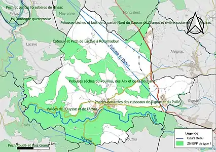 Carte des ZNIEFF de type 1 sur la commune.