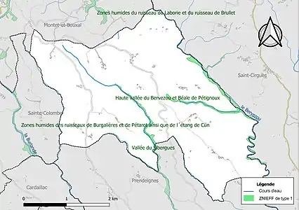 Carte des ZNIEFF de type 1 sur la commune.