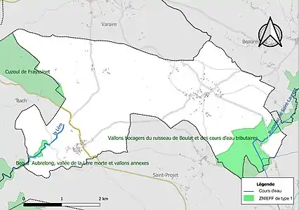 Carte des ZNIEFF de type 1 sur la commune.