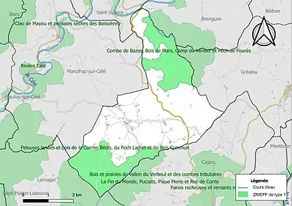 Carte des ZNIEFF de type 1 sur la commune.