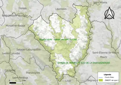 Carte de la ZNIEFF de type 2 sur la commune.