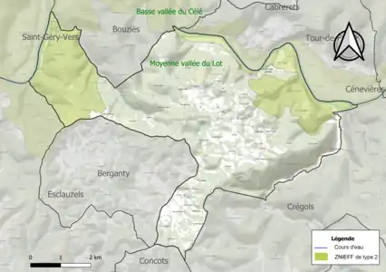 Carte de la ZNIEFF de type 2 sur la commune.