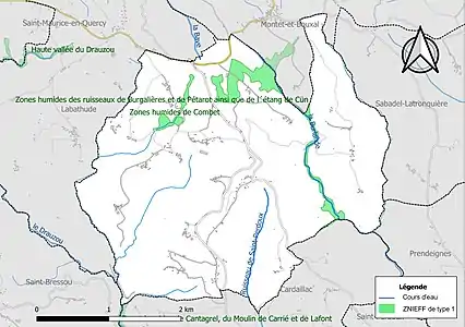 Carte des ZNIEFF de type 1 sur la commune.