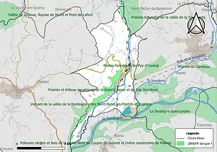 Carte des ZNIEFF de type 1 sur la commune.