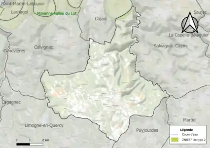 Carte de la ZNIEFF de type 2 sur la commune.