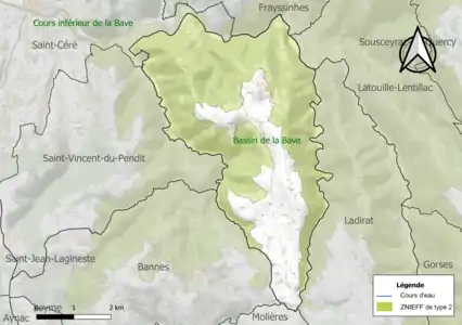 Carte de la ZNIEFF de type 2 sur la commune.