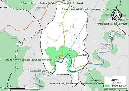 Carte de la ZNIEFF de type 1 sur la commune.