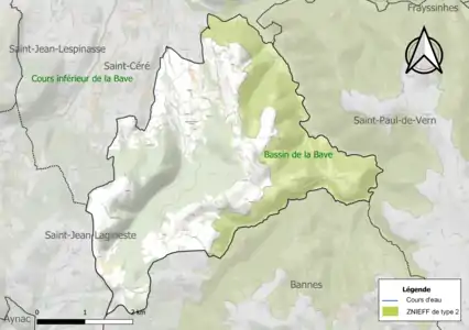 Carte de la ZNIEFF de type 2 sur la commune.