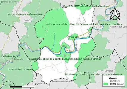 Carte des ZNIEFF de type 1 sur la commune.