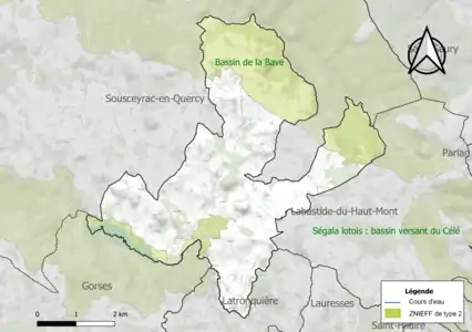 Carte de la ZNIEFF de type 2 sur la commune.