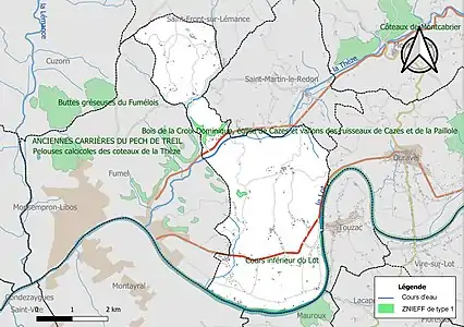 Carte des ZNIEFF de type 1 sur la commune.