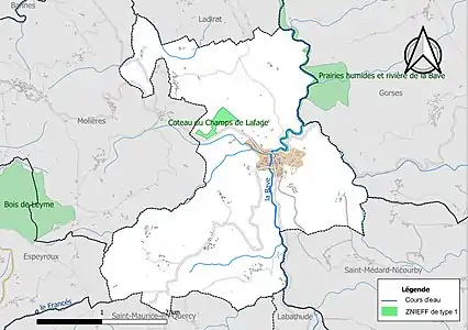 Carte des ZNIEFF de type 1 sur la commune.