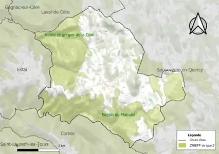 Carte des ZNIEFF de type 2 sur la commune.