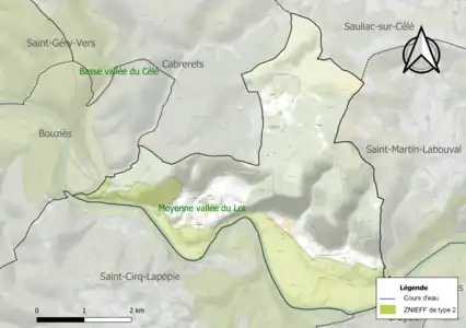 Carte des ZNIEFF de type 2 sur la commune.