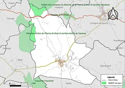 Carte des ZNIEFF de type 1 sur la commune.