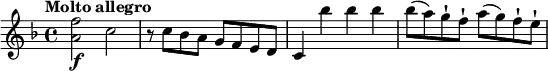 
\relative c''{
    \version "2.18.2"
    \key f \major 
    \tempo "Molto allegro"
    \time 4/4
    <a f'>2\f c 
    r8 c bes a g f e d
    c4 bes'' bes bes
    bes8 (a) g-! f-! a (g) f-! e-!
}
