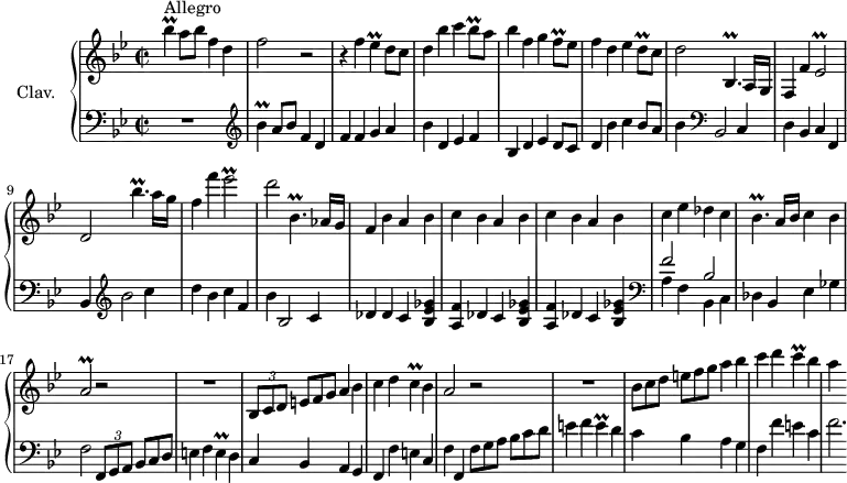 
\version "2.18.2"
\header {
  tagline = ##f
  % composer = "Domenico Scarlatti"
  % opus = "K. 410"
  % meter = "Allegro"
}
%% les petites notes
trillBesUp       = { \tag #'print { bes'4\prall } \tag #'midi { c32 bes c bes~ bes8 } }
trillBespDown    = { \tag #'print { bes,4.\prall } \tag #'midi { c32 bes c bes~ bes4 } }
trillBespUpUp    = { \tag #'print { bes''4.\prall } \tag #'midi { c32 bes c bes~ bes4 } }
trillBesq        = { \tag #'print { bes8\prall } \tag #'midi { c32 bes c bes } }
trillEes         = { \tag #'print { ees4\prall } \tag #'midi { f32 ees f ees~ ees8 } }
trillFq          = { \tag #'print { f8\prall } \tag #'midi { g32 f g f } }
trillE           = { \tag #'print { e4\prall } \tag #'midi { f32 e f e~ e8 } }
trillC           = { \tag #'print { c4\prall } \tag #'midi { d32 c d c~ c8 } }
trillBesp        = { \tag #'print { bes4.\prall } \tag #'midi { c32 bes c bes~ bes4 } }
trillAb          = { \tag #'print { a2\prall } \tag #'midi { bes32 a bes a~ a8~ a4 } }
trillEesb        = { \tag #'print { ees2\prall } \tag #'midi { f32 ees f ees~ ees8~ ees4 } }
trillDq          = { \tag #'print { d8\prall } \tag #'midi { ees32 d ees d } }
upper = \relative c'' {
  \clef treble 
  \key bes \major
  \time 2/2
  \tempo 2 = 82
  \set Staff.midiInstrument = #"harpsichord"
  \override TupletBracket.bracket-visibility = ##f
      s8*0^\markup{Allegro}
      \trillBesUp a8 bes f4 d | f2 r2 | r4 f4 \trillEes d8 c | d4 bes' c \trillBesq a8 |
      % ms. 5
      bes4 f g \trillFq ees8 | f4 d ees \trillDq c8 | d2 \trillBespDown a16 g | f4 f' \trillEesb | d2 \trillBespUpUp a16 g |
      % ms. 10
      f4 f' \trillEesb | d2 \trillBespDown aes16 g | f4 \repeat unfold 3 { bes4 a bes | c }
      % ms. 15 suite
      ees4 des c | \trillBesp a16 bes c4 bes | \trillAb r2 | R1 | \times 2/3 { bes,8 c d } \omit TupletNumber  \times 2/3 { e8[ f g] } a4 bes |
      % ms. 20
      c4 d \trillC bes4 | a2 r2 | R1 | \times 2/3 { bes8 c d } \times 2/3 { e8[ f g] } a4 bes | c d \trillC bes4 |
      % ms. 25
      a4
}
lower = \relative c' {
  \clef bass
  \key bes \major
  \time 2/2
  \set Staff.midiInstrument = #"harpsichord"
  \override TupletBracket.bracket-visibility = ##f
    % ************************************** \appoggiatura a16  \repeat unfold 2 {  } \times 2/3 { }   \omit TupletNumber 
      R1 |   \clef treble  \trillBesUp a8 bes f4 d | f f g a | bes d, es f |
      % ms. 5
      bes,4 d ees d8 c | d4 bes' c bes8 a | bes4   \clef bass bes,,2 c4 | d bes c f, | bes \clef treble bes''2 c4 | 
      % ms. 10
      d4 bes c f, bes bes,2 c4 | des \repeat unfold 2 { des4 c < bes ees ges > | < a f' > } des c < bes ees ges > |   \clef bass
      % ms. 15
      << { f'2 bes, } \\ { a4 f bes, c } >> des4 bes ees ges | f2 \times 2/3 { f,8 g a } \omit TupletNumber  \times 2/3 { bes8[ c d] } | e4 f \trillE d4 | c bes a g |
      % ms. 20
      f4 f' e c | f f, \times 2/3 { f'8 g a } \omit TupletNumber  \times 2/3 { bes8[ c d] } | e4 f \trillE d4 | c bes a g | f f' e c |
      % ms. 25
      f2.*1/3
}
thePianoStaff = \new PianoStaff <<
    \set PianoStaff.instrumentName = #"Clav."
    \new Staff = "upper" \upper
    \new Staff = "lower" \lower
  >>
\score {
  \keepWithTag #'print \thePianoStaff
  \layout {
      #(layout-set-staff-size 17)
    \context {
      \Score
     \override SpacingSpanner.common-shortest-duration = #(ly:make-moment 1/2)
      \remove "Metronome_mark_engraver"
    }
  }
}
\score {
  \keepWithTag #'midi \thePianoStaff
  \midi { }
}
