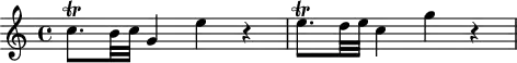 
\header {
  tagline = ##f
}
\score {
  \new Staff \with {
  }
<<
  \relative c'' {
    \key c \major
    \time 4/4
    \override TupletBracket #'bracket-visibility = ##f 
    \autoBeamOff
     %%%%%%%%%%%%%%%%%%%%%%%%%% K6
     c8.\trill[ b32 c] g4 e' r4 e8.\trill[ d32 e] c4 g' r4
  }
>>
  \layout {
    \context {
      \remove "Metronome_mark_engraver"
    }
  }
  \midi {}
}
