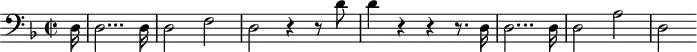 
\header {
  tagline = ##f
}
\score {
  \new Staff \with {
  }
<<
  \relative c {
    \clef treble
    \key f \major
    \time 2/2
    \tempo 2 = 55
    \override TupletBracket #'bracket-visibility = ##f 
    %\autoBeamOff
    \set Staff.midiInstrument = #"string ensemble 1"
     %%%%%%%%%%%%%%%%%%%%%%%%%% AB 9-1 intro
     \partial 16 \clef bass d16 d2... d16 d2 f d r4 r8 d'8 d4 r4 r4 r8. d,16 d2... d16 d2 a' d, 
  }
>>
  \layout {
    \context { \Score \remove "Metronome_mark_engraver"
    }
  }
  \midi {}
}
