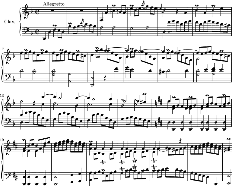 
\version "2.18.2"
\header {
  tagline = ##f
  % composer = "Domenico Scarlatti"
  % opus = "K. 552"
  % meter = "Allegretto"
}
%% les petites notes
trillCis      = { \tag #'print { cis4\prall } \tag #'midi { d32 cis d ces~ cis8 } }
trillEUp      = { \tag #'print { e'4\prall } \tag #'midi { f32 e f e~ e8 } }
trillD        = { \tag #'print { d4\prall } \tag #'midi { e32 d e d~ d8 } }
trillFq       = { \tag #'print { f8\prall } \tag #'midi { g32 f g f } }
trillDq       = { \tag #'print { d8\prall } \tag #'midi { e32 d e d } }
trillBesUp    = { \tag #'print { bes'4\prall } \tag #'midi { c32 bes c bes~ bes8 } }
trillF        = { \tag #'print { f4\prall } \tag #'midi { g32 f g f~ f8 } }
trillAUp      = { \tag #'print { a'8\prall } \tag #'midi { bes32 a bes a } }
trillFisqDown = { \tag #'print { fis,8\prall } \tag #'midi { g32 fis g fis } }
trillFisq     = { \tag #'print { fis8\prall } \tag #'midi { g32 fis g fis } }
trillAq       = { \tag #'print { a8\prall } \tag #'midi { b32 a b a } }
trillA        = { \tag #'print { a4^\prall } \tag #'midi { b32 a b a~ a8 } }
trillGqUp     = { \tag #'print { g'8^\prall } \tag #'midi { a32 g a g } }
trillFqUp     = { \tag #'print { f'8^\prall } \tag #'midi { g32 f g f } }
trillAE       = { \tag #'print { < a e' >4\prall } \tag #'midi { << { fis32 e fis e~   \tempo 2 = 35 e8   \tempo 2 = 70 } \\ { a4 } >> } }
trillCisT     = { \tag #'print { cis4\trill } \tag #'midi { d32 cis d cis~ cis8 } }
trillET       = { \tag #'print { e4\trill } \tag #'midi { fis32 e fis e~ e8 } }
trillAT       = { \tag #'print { a4\trill } \tag #'midi { b32 a b a~ a8 } }
trillCisqT    = { \tag #'print { cis8\trill } \tag #'midi { d32 cis d cis } }
trillGisB     = { \tag #'print { < gis b >4\prall } \tag #'midi { << { cis32 b cis b~ b8 } \\ { gis4 } >> } }
appoEDb       = { \tag #'print { \appoggiatura e4 d2 } \tag #'midi { e8 d4. } }
upper = \relative c'' {
  \clef treble 
  \key d \minor
  \time 2/2
  \tempo 2 = 70
  \set Staff.midiInstrument = #"harpsichord"
  \override TupletBracket.bracket-visibility = ##f
      s8*0^\markup{Allegretto}
      R1*2 | \tag #'print a,4 \tag #'midi r4  a'4 \trillCis b8 a | e'4\prall d8 e \acciaccatura a8 g4 f8 e |
      % ms. 5
      \appoEDb r4 \repeat unfold 2 { a4 | \trillD } e4 | f \trillFq g8 \repeat unfold 2 { f8 d \trillFq g8 } f8 e \trillDq cis |
      % ms. 9
      d4 \trillAUp bes8 << { a2~ | a4 s4 g2~ | g4  s4 f2~ | f8 e f g } \\ { a8 f d a | bes4 \trillGqUp a8 g e bes g | a4 \trillFqUp g8 f d a f | g2 } >> f'8 e \trillDq cis8 |
      % ms. 13
      d2 r4 
      << { a'4~ | a g2 g4~ | g f2 f4 | d2 d4 \trillCis } 
      \\ { a4 | bes2. g4 | a2. a4 | < g e' >2 < a e' > } >>  \bar "||"    \key d \major
      % ms. 17
      << { d4 } \\ { d4 } >>
      << { \trillFisqDown g8 fis d \trillFisq g8 | fis4 \trillAq b8 a fis \trillAq b8 | \trillA d8 e d a fis' g }
      \\ { d,4 s4 d4 | d fis s4 fis4 fis fis fis d' } >> | < d fis >8 < e g > < fis a > < g b >  < fis a > < d fis > < e g > < d fis >
      % ms. 21
      \trillAE 
      << { \repeat unfold 8 { a4 } a4 b r4 } 
      \\ { \repeat unfold 2 { cis,8 d | \trillCisT } \repeat unfold 2 { e8 fis \trillET } a4~ a8 gis a b } >> | cis8 < a cis > < b d > < cis e > < d fis > < cis e > < b d > < a cis > |
      % ms. 25
      \trillGisB
}
lower = \relative c' {
  \clef bass
  \key d \minor
  \time 2/2
  \set Staff.midiInstrument = #"harpsichord"
  \override TupletBracket.bracket-visibility = ##f
    % ************************************** \appoggiatura a16  \repeat unfold 2 {  } \times 2/3 { }   \omit TupletNumber 
      d,,4 d' \trillF e8 d | \trillBesUp a8 bes \acciaccatura e8 d4 c8 bes | a2 a | g a |
      % ms. 5
      d,4 f'8 g \repeat unfold 2 { f8 d f g } f e d cis | d2 < bes d > | < g bes d > < a, a' >
      % ms. 9
      < d, d' >2 r4 f''4 | g e2 d4 | cis d2 d4 | << { s4 e4 < d f > e | d } \\ { < g, d' >2 a | d,4 } >> 
      % ms. 13 suite
      f'8 g f d a f | g4 e'8 f e bes g e  | f4 d'8 e d a f d | g4 a8 bes a g f e |   \key d \major
      % ms. 17
       \tempo 2 = 35 d4 \tempo 2 = 70 \repeat unfold 11 { < d, d' >4 } | q2 < fis fis' >4 < g g' > |
      % ms. 21
       < a a' >4 a'8 b \trillAq e8 a b | \trillAT   cis8 d \trillCisqT a8 cis d | \trillCisT cis8 d e d cis b | a g fis e d4 d, |
      % ms. 25
      < e e' >2*1/2
}
thePianoStaff = \new PianoStaff <<
    \set PianoStaff.instrumentName = #"Clav."
    \new Staff = "upper" \upper
    \new Staff = "lower" \lower
  >>
\score {
  \keepWithTag #'print \thePianoStaff
  \layout {
      #(layout-set-staff-size 17)
    \context {
      \Score
     \override SpacingSpanner.common-shortest-duration = #(ly:make-moment 1/2)
      \remove "Metronome_mark_engraver"
    }
  }
}
\score {
  \keepWithTag #'midi \thePianoStaff
  \midi { }
}
