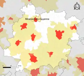 Localisation de l'aire d'attraction de Miramont-de-Guyenne dans le département de Lot-et-Garonne.