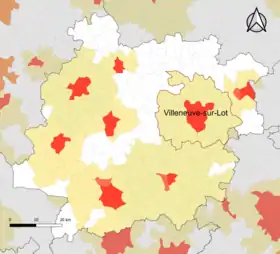 Localisation de l'aire d'attraction de Villeneuve-sur-Lot dans le département de Lot-et-Garonne.
