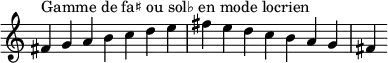  {
\override Score.TimeSignature #'stencil = ##f
\relative c' {
  \clef treble \time 7/4
  fis4^\markup { Gamme de fa♯ ou sol♭ en mode locrien } g a b c d e fis e d c b a g fis
} }
